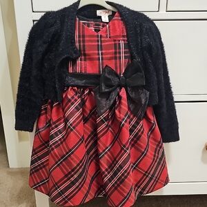 Red Plaid Dress with Black Cardigan and Bow